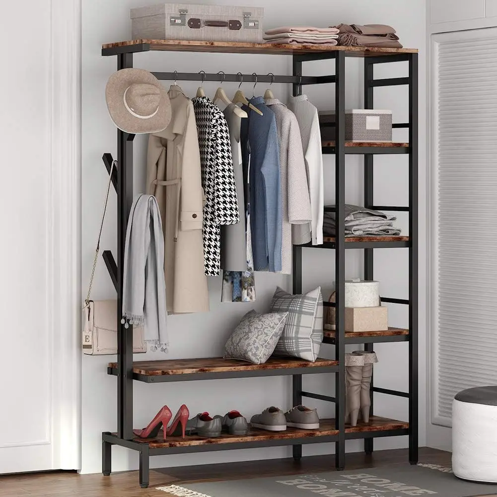 Free-standing Open Closet with Hooks, Metal Clothes Shelf Garment Rack with Shelves and Hanging Rod, Heavy Clothing Closet Organ