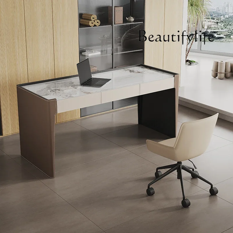 

N49 Italian minimalist saddle leather rock slab desk modern minimalist study table household computer desk