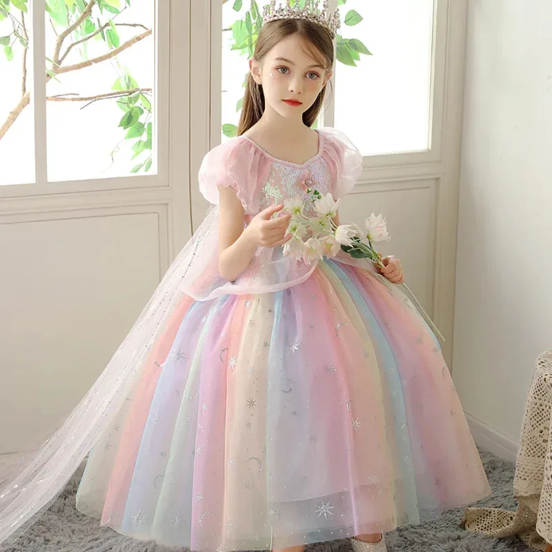

Girls Pink Sequin Rainbow Dress Children Princess Dress Summer Prom Mesh Dresses Kids Birthday Party Performance Dress