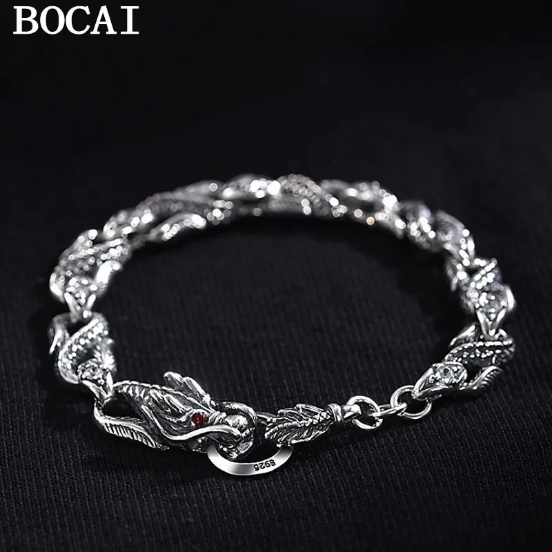 

BOCAI NEW S925 Sterling Silver Vintage Hip-hop Dragon Bone Bracelet For Men