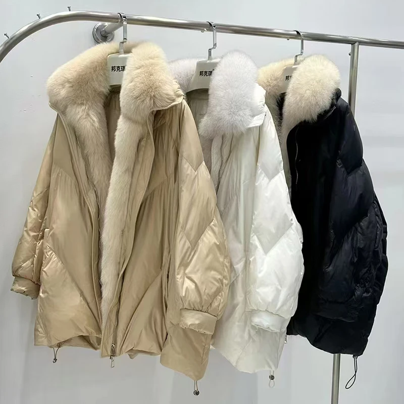 2024 Winter-Parka aus echtem Fell, weiße Gänsedaunen, abnehmbare Echtpelzjacke, mittellange, luxuriöse Winter-warme Oberbekleidung