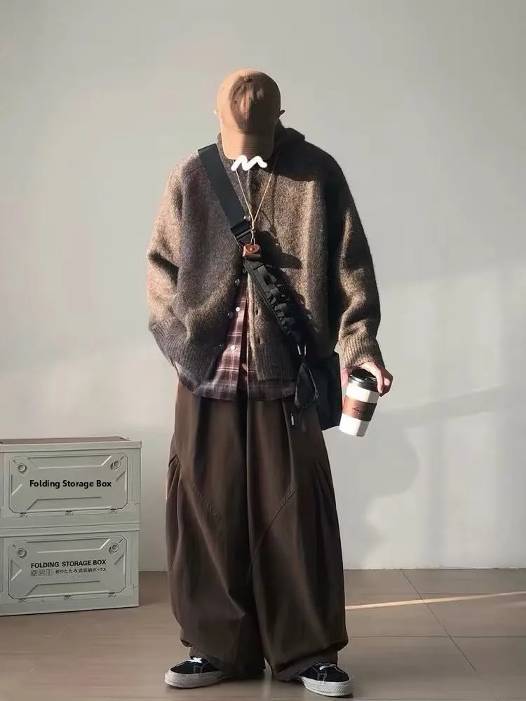 

Мужской кардиган свободного кроя на пуговицах, вязаный, кофейно-коричневый, в стиле ретро, для осени и зимы, повседневная одежда из полиэфирного волокна