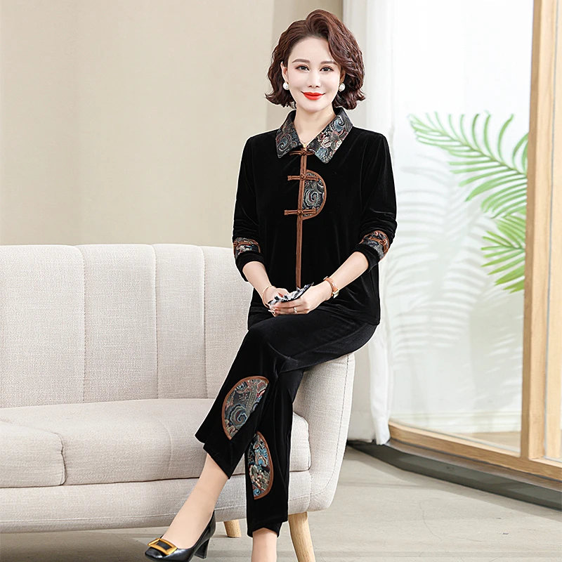 Completi da donna Giacca a maniche lunghe in velluto Pantaloni Abito Madre di mezza età Due pezzi taglie forti Madre di mezza età 2 pezzi Outfi