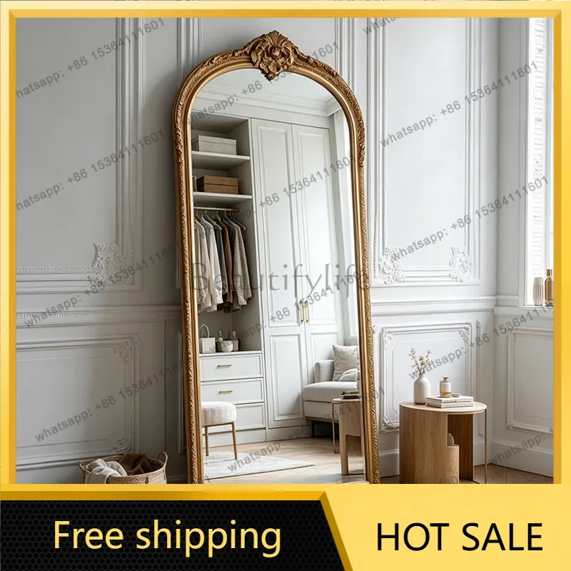 LS French retro carved arched full-length mirror wind full body living room bedroom light luxury floor fitting mirror