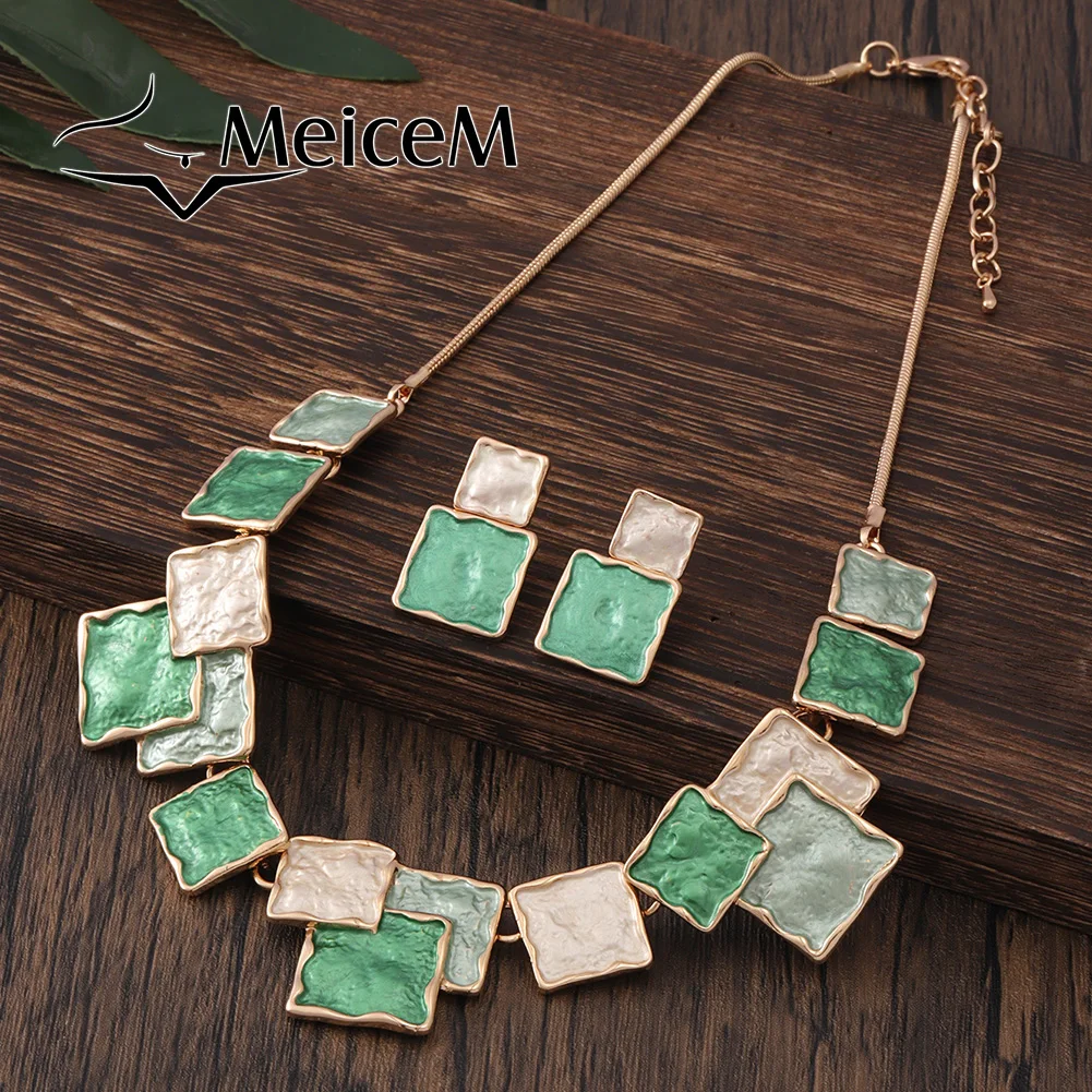 MeiceM Square Layered Necklaces Earring Sets Jewelry Womens Chokers Christmas Gift Fashion Elegant Aesthetic Necklaces for Women