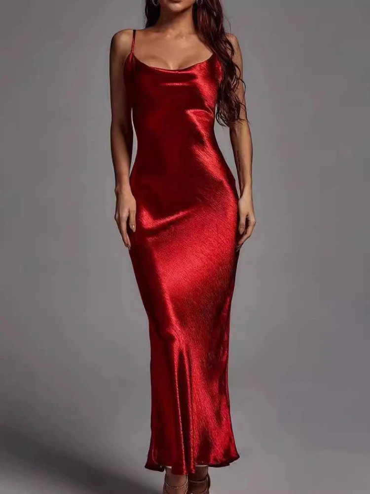 

New in Summer Elegant Satin Backless Maxi Dress for Women Gown Strap Sleeveless Party Long Dress Vestido Robe Femmes