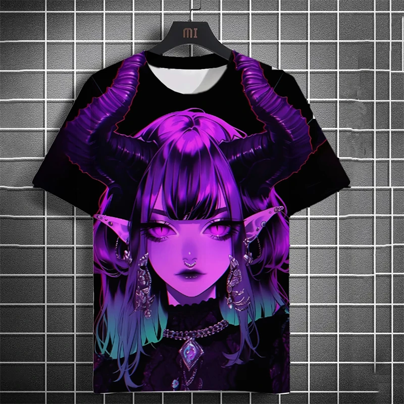 Punk Style Anime Character Graphic Men's T-Shirts 3D Devil Girl Print Short Sleeve T shirt Fashion Cool Y2k Tops Summer Clothing