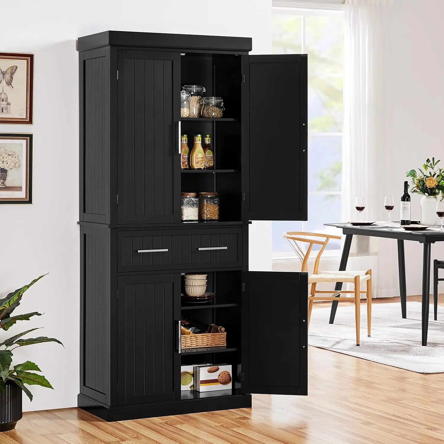 Armoire de Rangement pour Garde-Manger de Cuisine avec MEL, Armoire Autoportante avec 2 Étagères Réglables