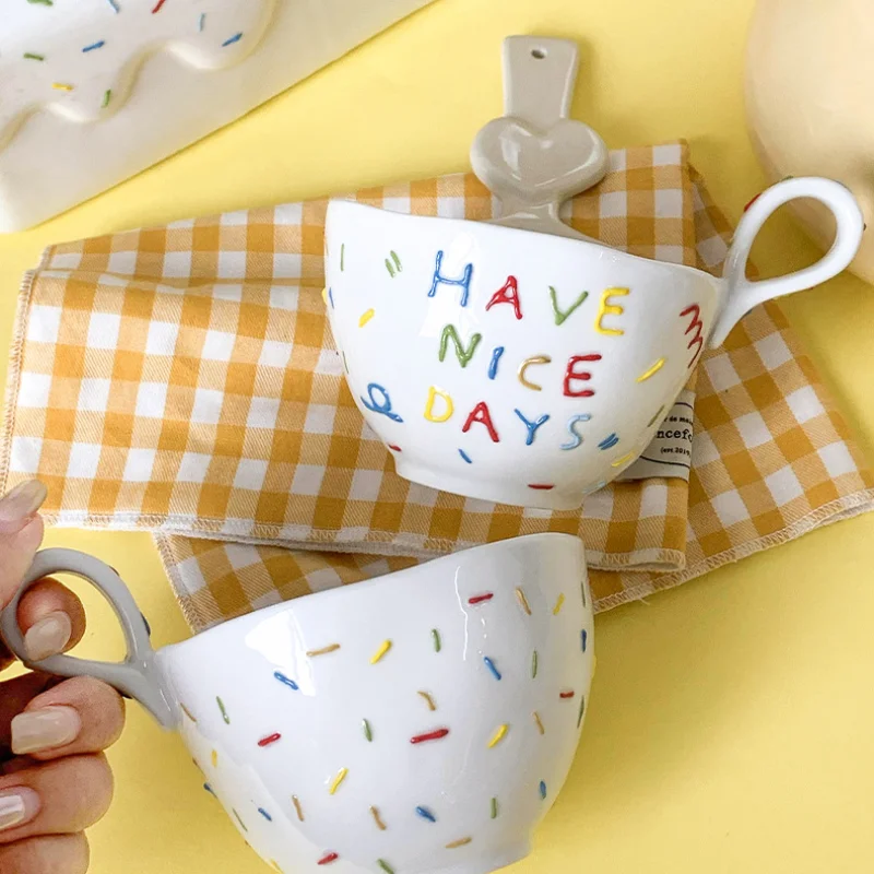 300ml Irregular Ceramic Coffee Cups Breakfast Oat Milk Dinner Picnic Mug Happy Birthday Water Cup for Kids Couple Sugar Drinking