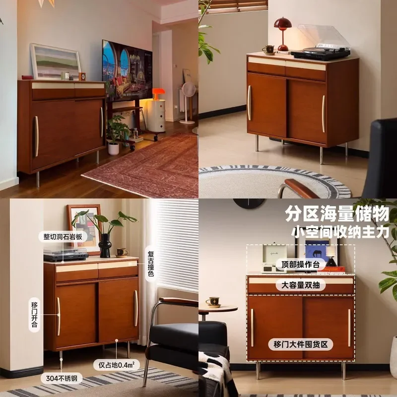 Retro Two Tone Sintered Stone Sideboard Small Storage Cabinet for Living Room Dining Area Apartment Coffee Tea Station