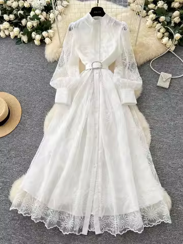 France Elegant Vintage Palace Evening Dress Women Sashes Mesh Embroidery Long Party Dress Female Casual Chic High End Clothing