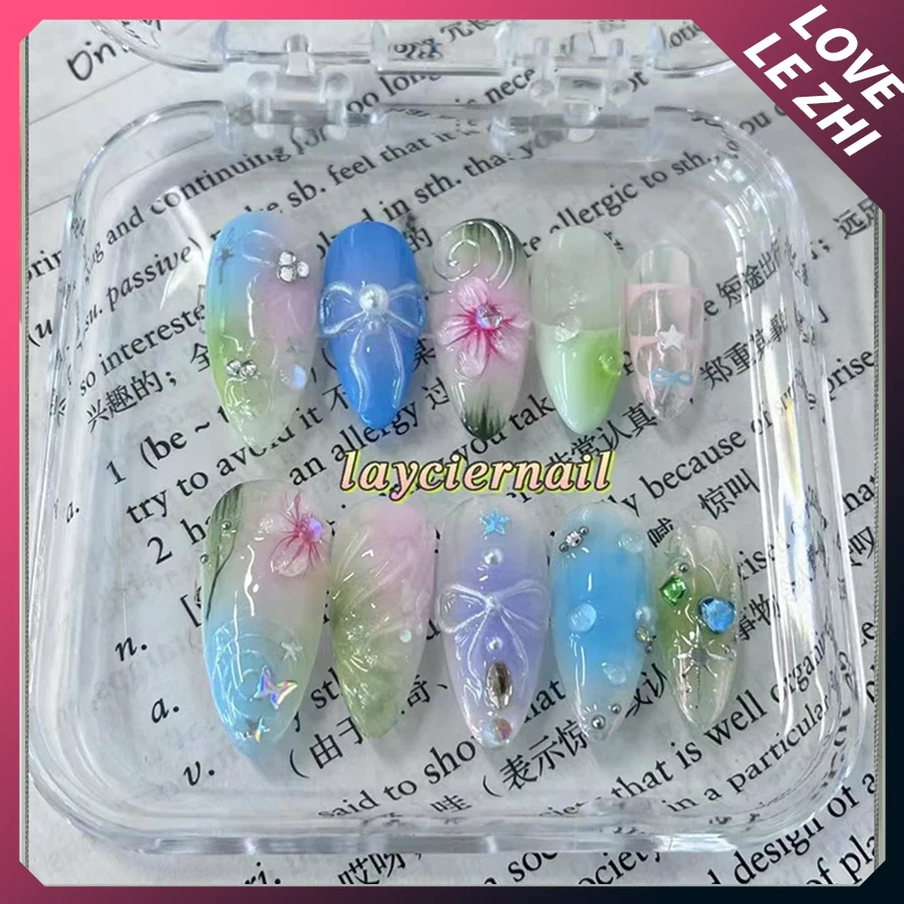 Y2K Handmade Press On Nails Set Long Almond Square Gel False Nail Summer Lilies Reusable Full Cover Reuse Fake Nail Tips