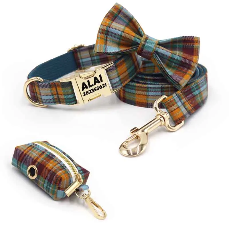 Personalized Dog Collar Name Number Puppy Adjustable Plaid Collar for Small Medium Big Dogs Collars Customized ID Tag Engraving
