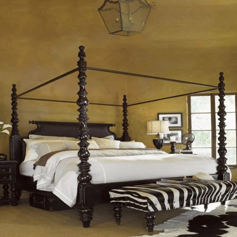 Retro solid wood bed, French double bed, master bedroom shelf, four-poster bed, European-style villa homestay furniture