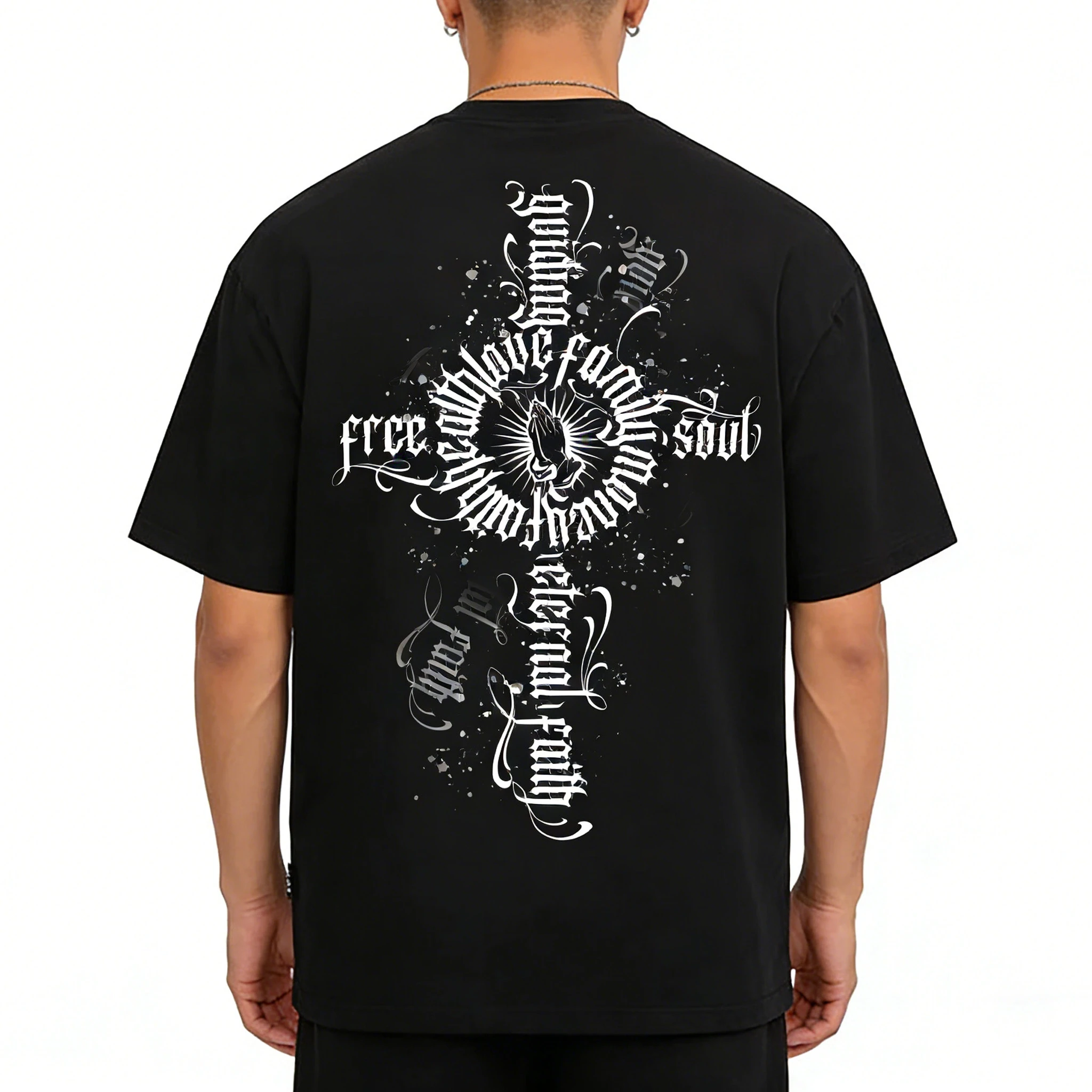 2026 Streetwear Brand Cross Font Hip-hop American West Coast Prayer Hand T-shirt Street Dance Tattoo Artist Bandit Heavyweight