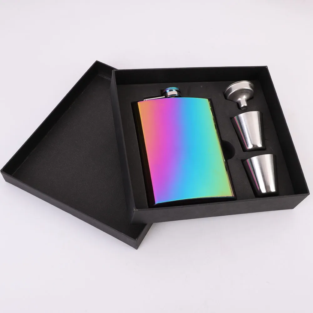 8oz Rainbow Plated Hip Flask Set Stainless Steel Flask Portable Pocket Flask Drinking Accessories Gift for Men Women Travel