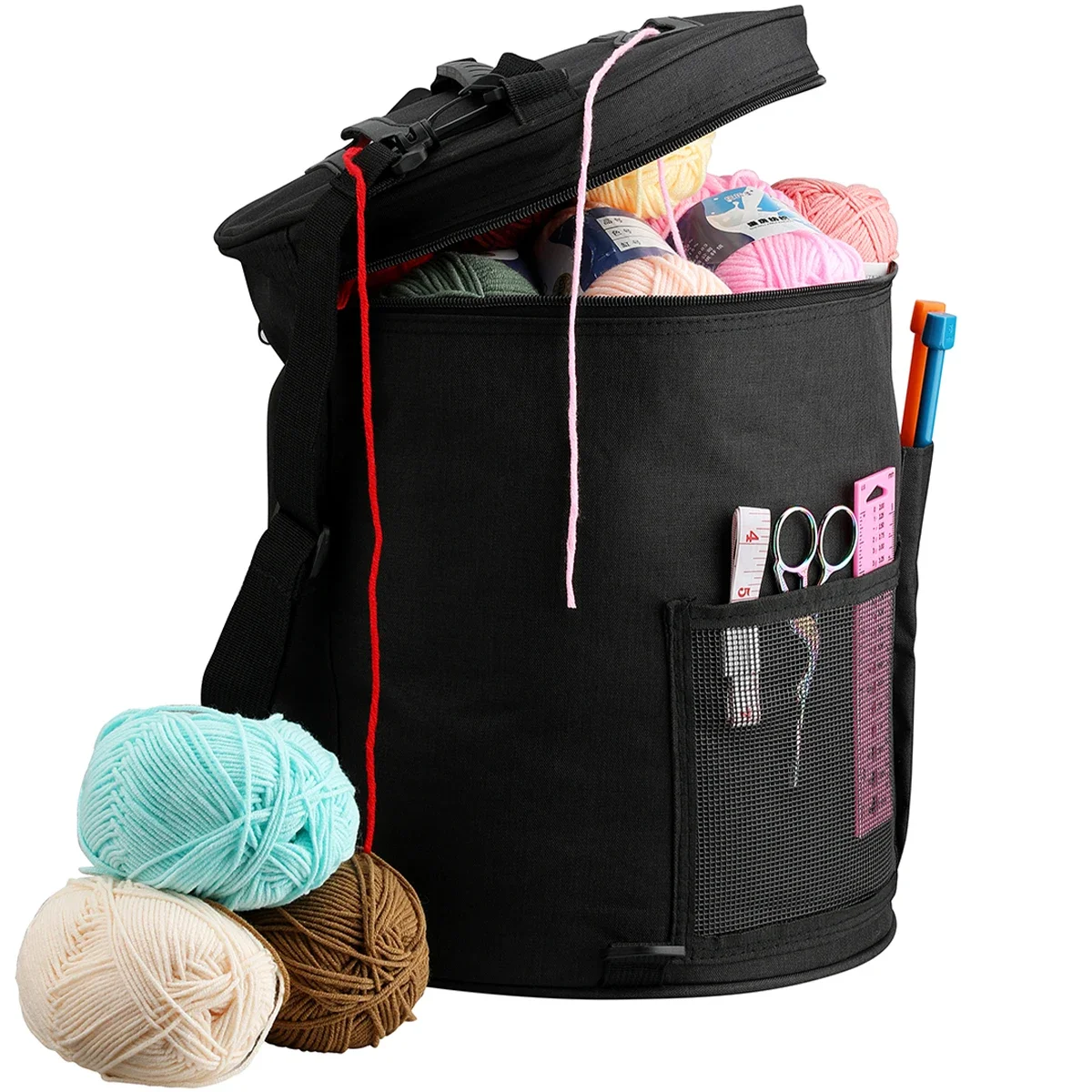 Large Capacity Yarn Storage Bag with Multi-Pockets Barrel-Shaped Knitting Storage Bag Portable Yarn Knitting Organizer Bag with