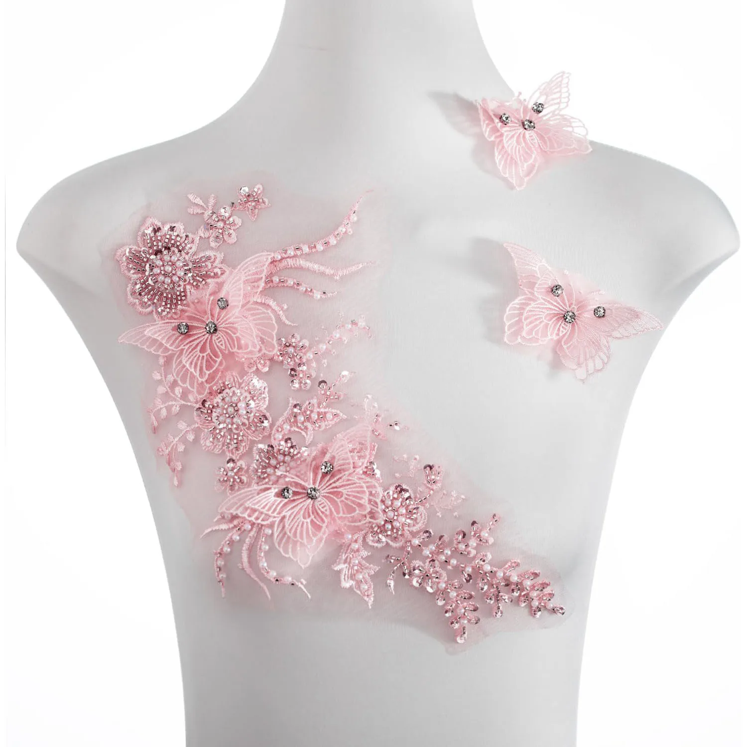 1 Set 3D Perlen-Schmetterlings-Spitzenapplikationen für Hochzeitskleider, DIY-Dekoration und Haaraccessoires