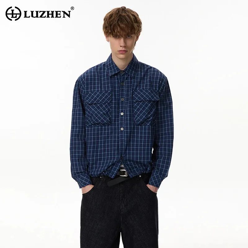 LUZHEN 2026 New Stylish Original Pockets Decorate Plaid Printed Long Sleeve Shirts Coat Men's Trendy American Style Tops JY9447