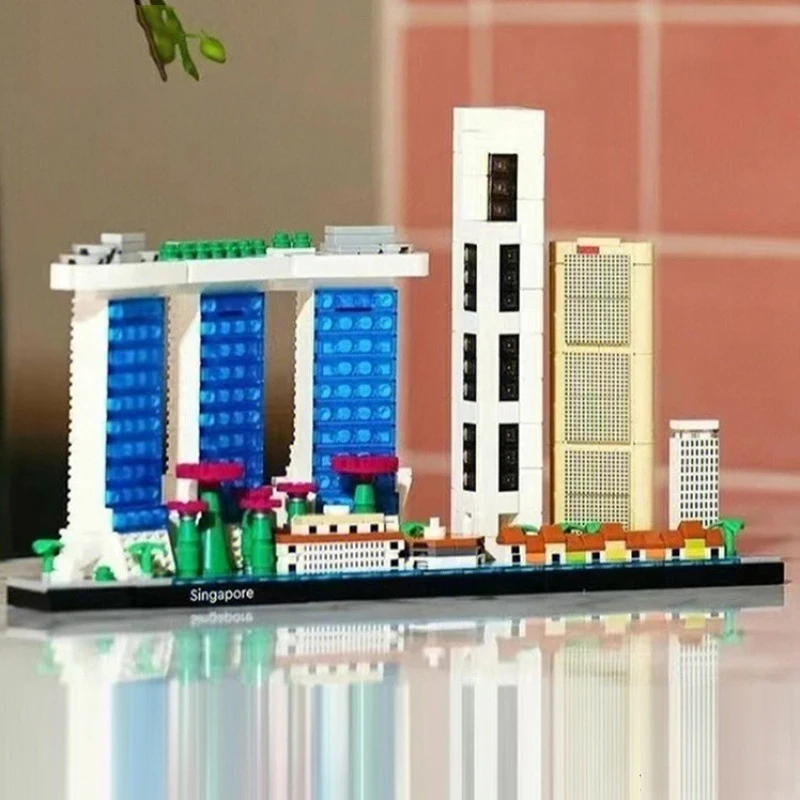 827PCS Raffles Place Marina Bay Sands สถาปัตยกรรม Skyline Landmark Building Blocks สิงคโปร์ก่อสร้างอิฐของเล่นเด็กของขวัญ