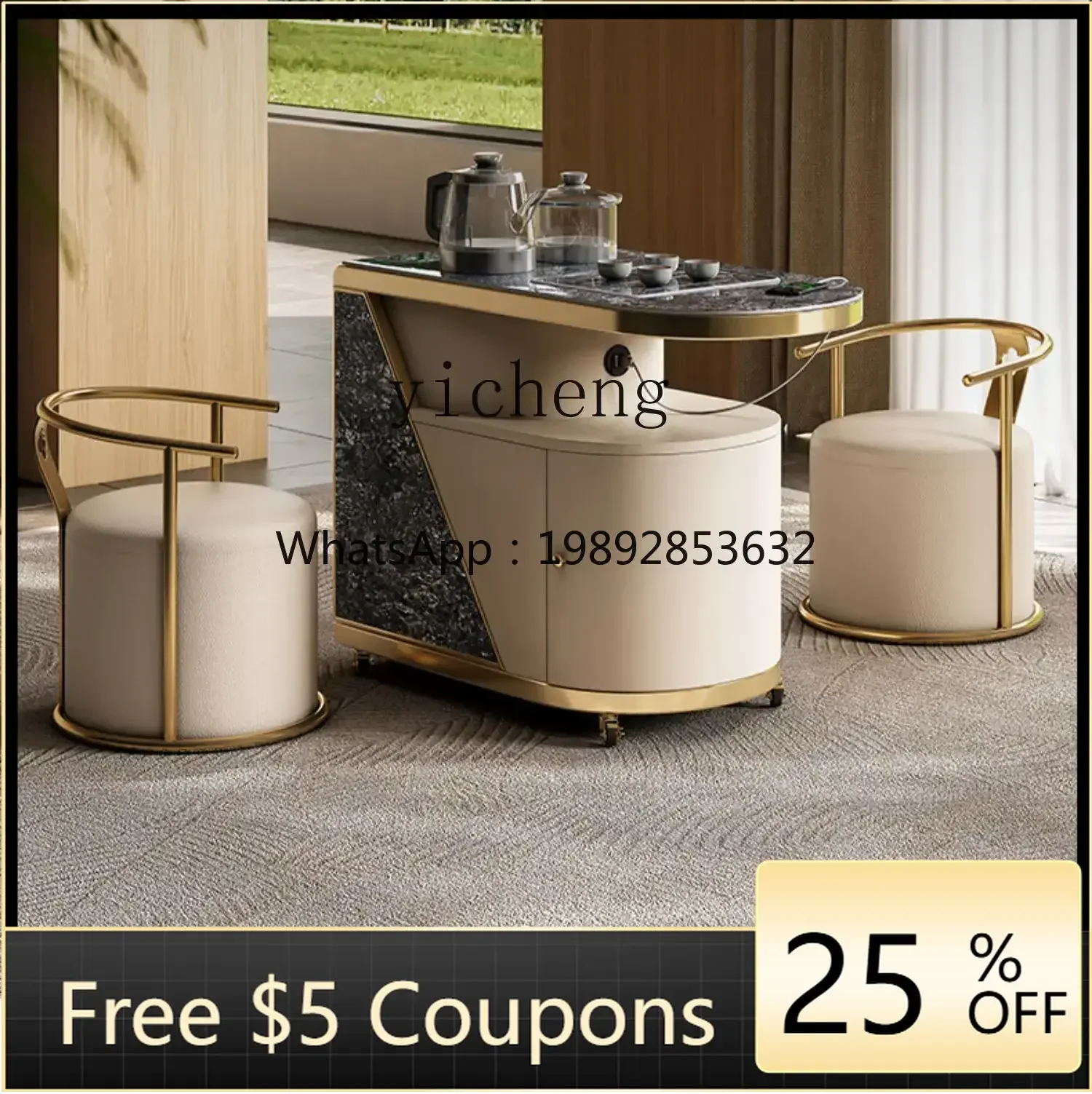 

Mobile Tea Table for Home Use, Modern Rock Board Small Apartment Balcony Tea Table Set