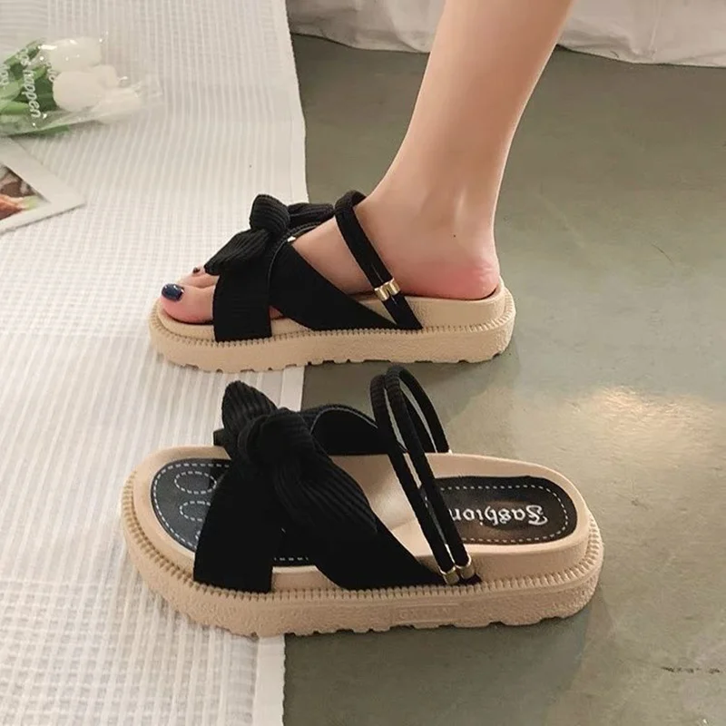 Fairy Style Lady Summer Slippers Thick Platform Flat Sandals with Butterfly-Knot Summer Flip Flops Sandals Women Shoes