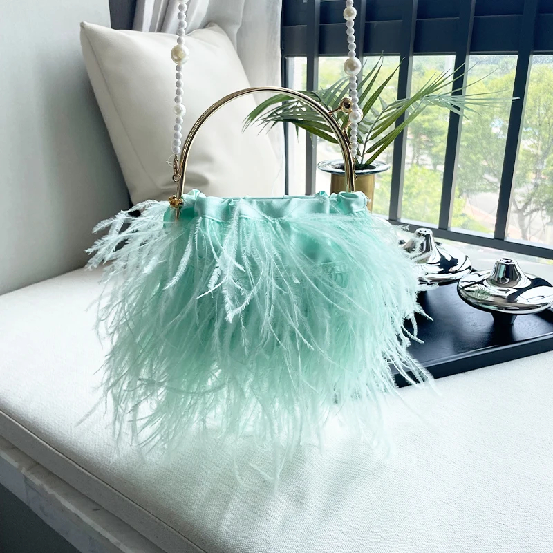 Fashion Ostrich Feather Clutch Tote Wedding Handbag Metal Handle Party Evening Fur Shoulder Crossbody Bag