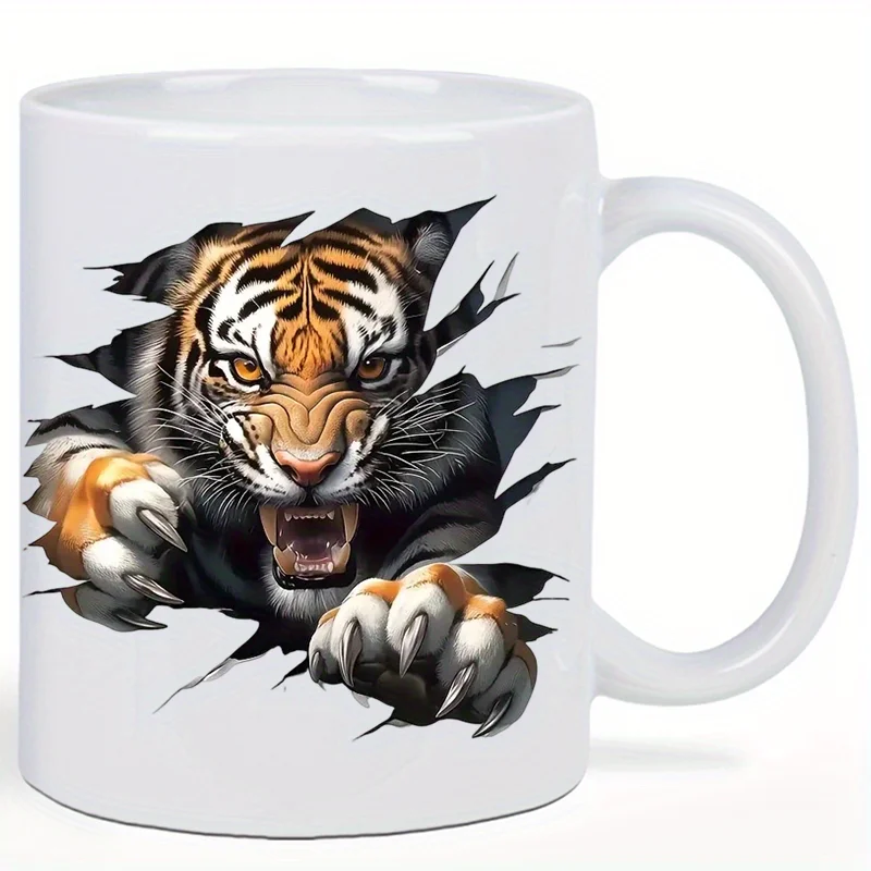Fierce Tiger Design Ceramic Mug - Bold & Vibrant 3D Tiger Breaking Through Art, Durable & Easy-Clean White Coffee & Tea Cup, Uni
