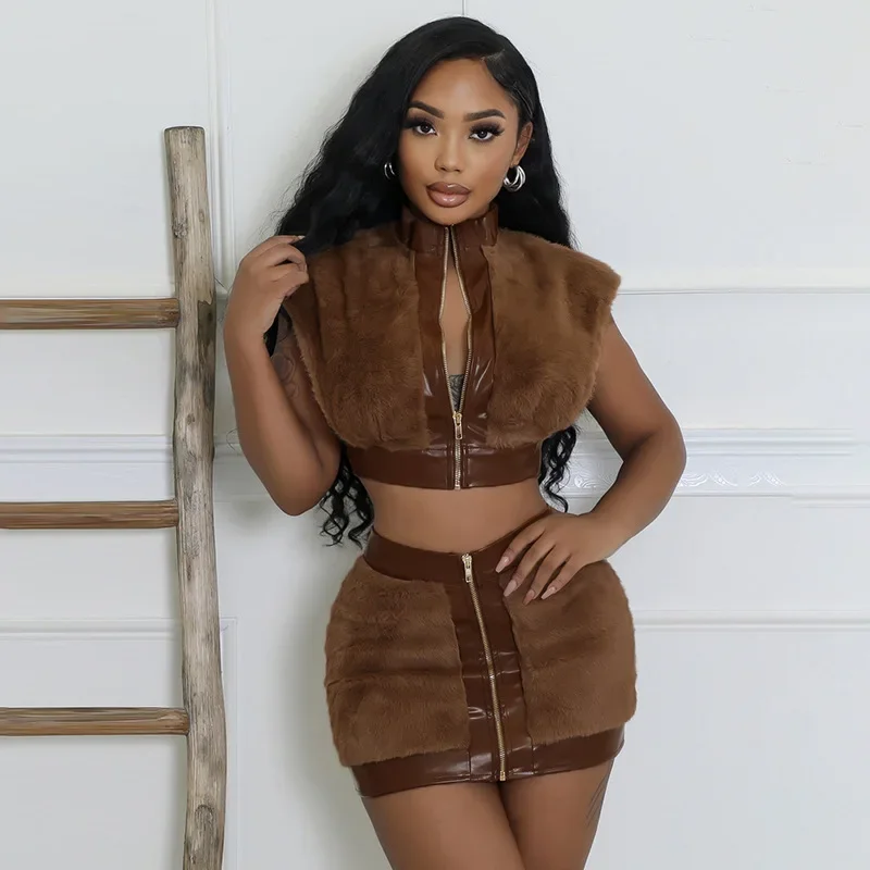 

Faux Fur Patchwork PU Leather 2 Piece Set Women Fashion Stand Collar Sleeveless Zip-up Jackets Vests Crop Top + Mini Skirts Suit