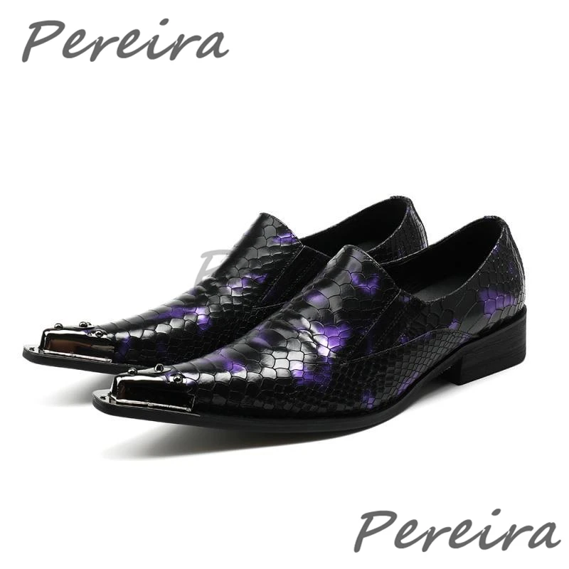 Purple Genuine Leather Men's Dress Shoes Snake Patterned Iron Pointy Toe Loafers Summer New Party Wedding Casual Business Shoes