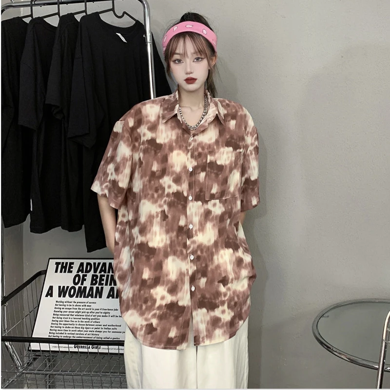 Harajuke Vintage Tie-dye Button Down Blouses Summer New Loose Pleated Short Sleeve Oversized Shirts for Women