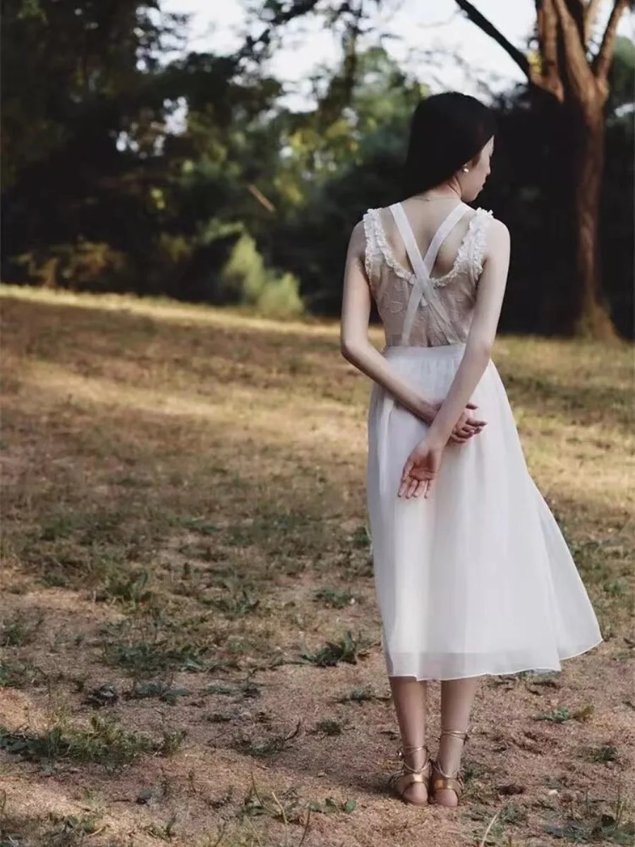 

Ele White Chiffon ter Ne Skirt with oulder Straps mid Waist Design A-Line Midi Skirt Fre Sle Polyester Fiber