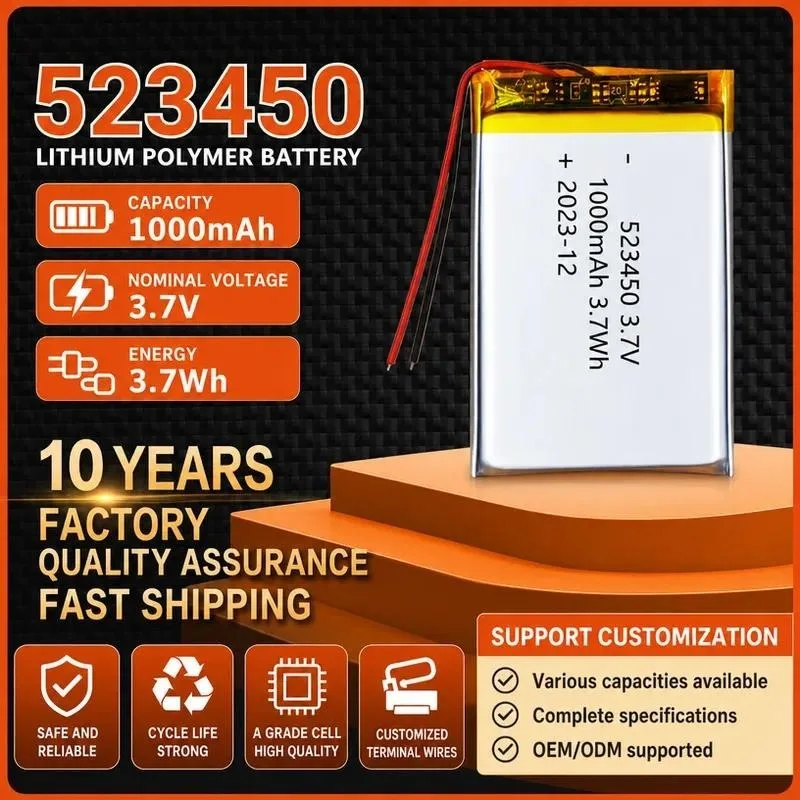 100pcs 523450 polymer lithium battery 1000mAh Bluetooth audio early education machine driving recorder lithium battery 3.7V