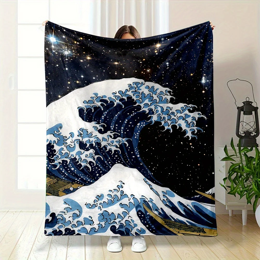 Ukiyo-e Great Wave Starry Dark Base Print Blanket, Light Flannel Throw For Couch Room, Japanese Classic Art Daily Blanket
