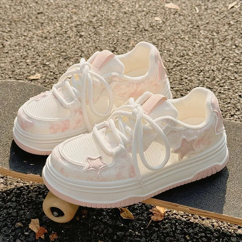 

Женские дышащие кроссовки, милые туфли с розовой звездой, кроссовки на толстом каблуке, повседневные кроссовки для бега, спортивная обувь на платформе для девочек-подростков
