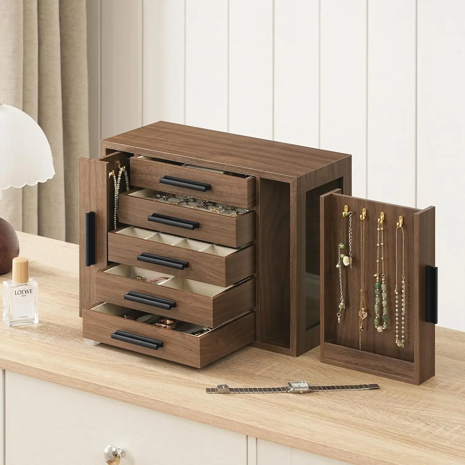 صندوق مجوهرات مكون من 5 طبقات، منظم مجوهرات خشبي بنوافذ شفافة، صندوق تخزين المجوهرات مع درجين عموديين #3