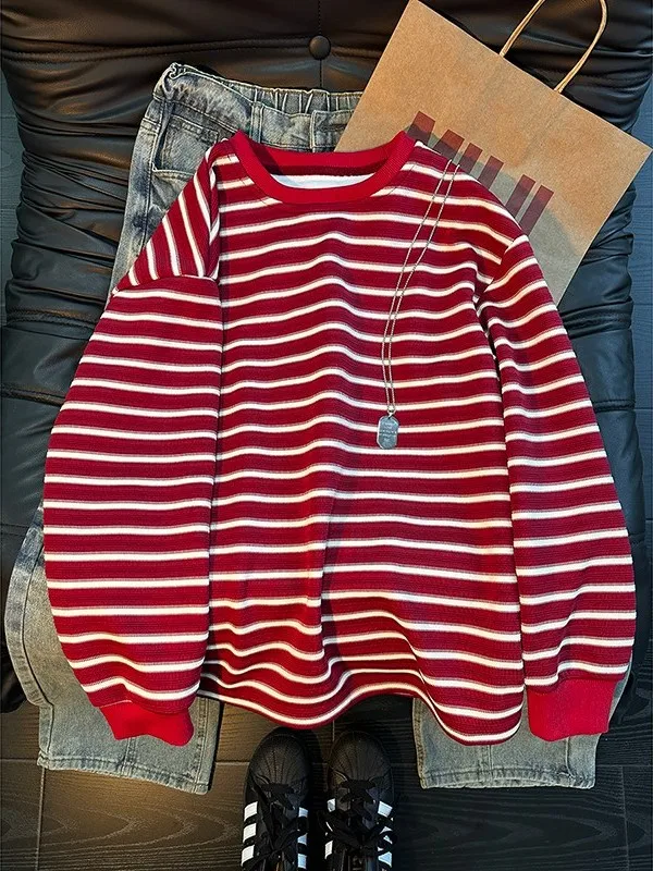 

Angola Red Striped Hoodie ex Fce Lined Base Layer Spring Casual Outerwear for Couples Comfortable Loose Fit Polyester ...