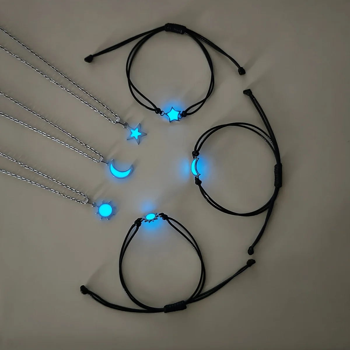 6Pcs Luminous Sun Moon Star Necklace Handmade Woven Fashion Rope Set for Couple Stainless Steel Jewelry Gift