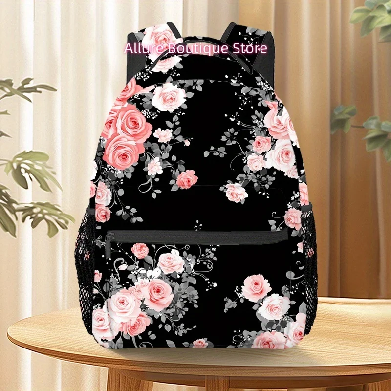 Elegant Black Floral Backpack with Pink Roses - Lightweight, Adjustable Strap, Zipper Closure, Durable Polyester Material - Idea