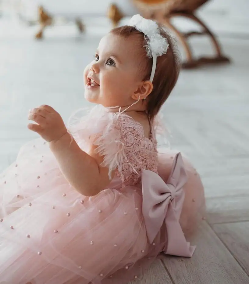 Fluffy Handmade Baby Girl Dress with Pearls Big Bow Flower Girl Dress Infant Tutu Outfit Kid Birthday Christmas Gown