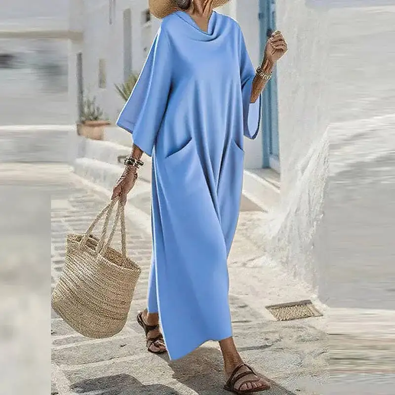 مثير س الرقبة كم الصلبة المرأة أنيقة عالية الخصر الساتان فضفاض فستان الحفلات ربيع الخريف موضة ثنيات فساتين طويلة