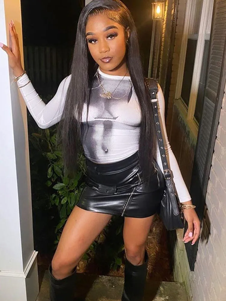 تي شيرت نسائي قصير مطبوع عليه الجسم لخريف وربيع Y2K موضة كورية بأكمام طويلة ورقبة دائرية تي شيرت ضيق ملابس الشارع