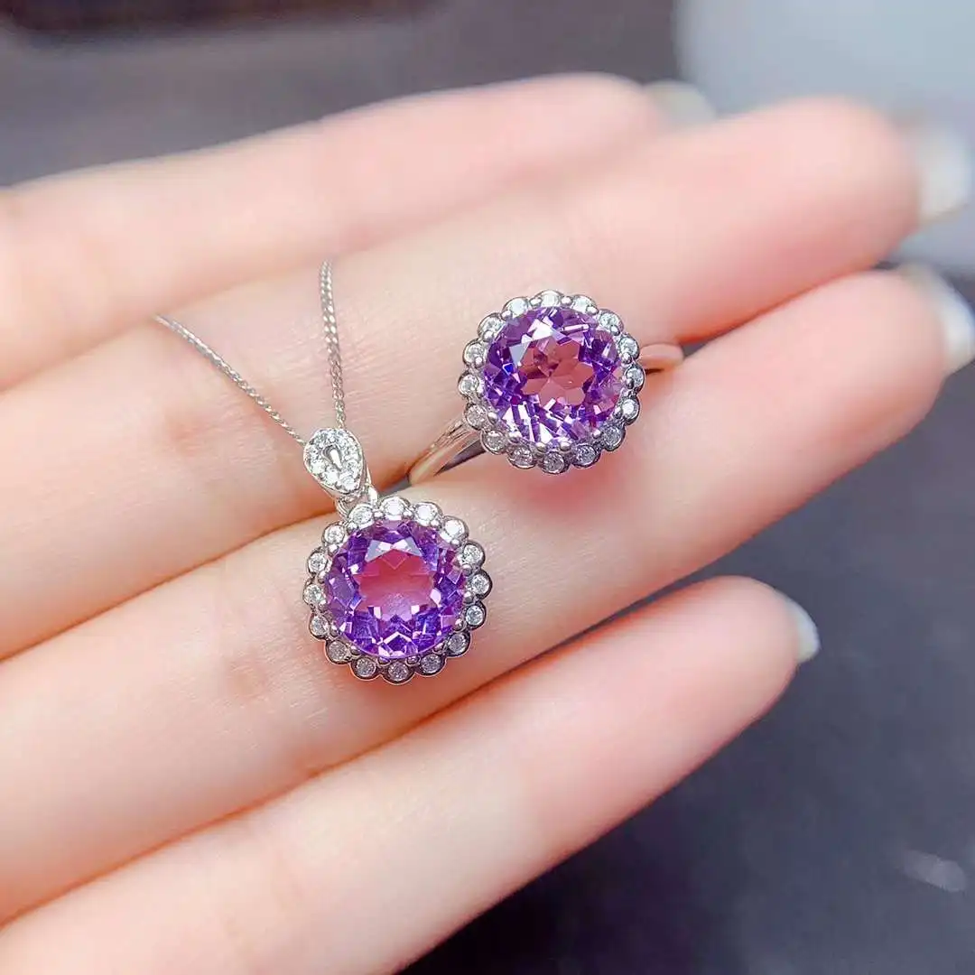 Natural Amethyst Jewelry Set 925 Sterling Silver Classic Women Anniversary Jewellery set 1pc ring,1pc pendant