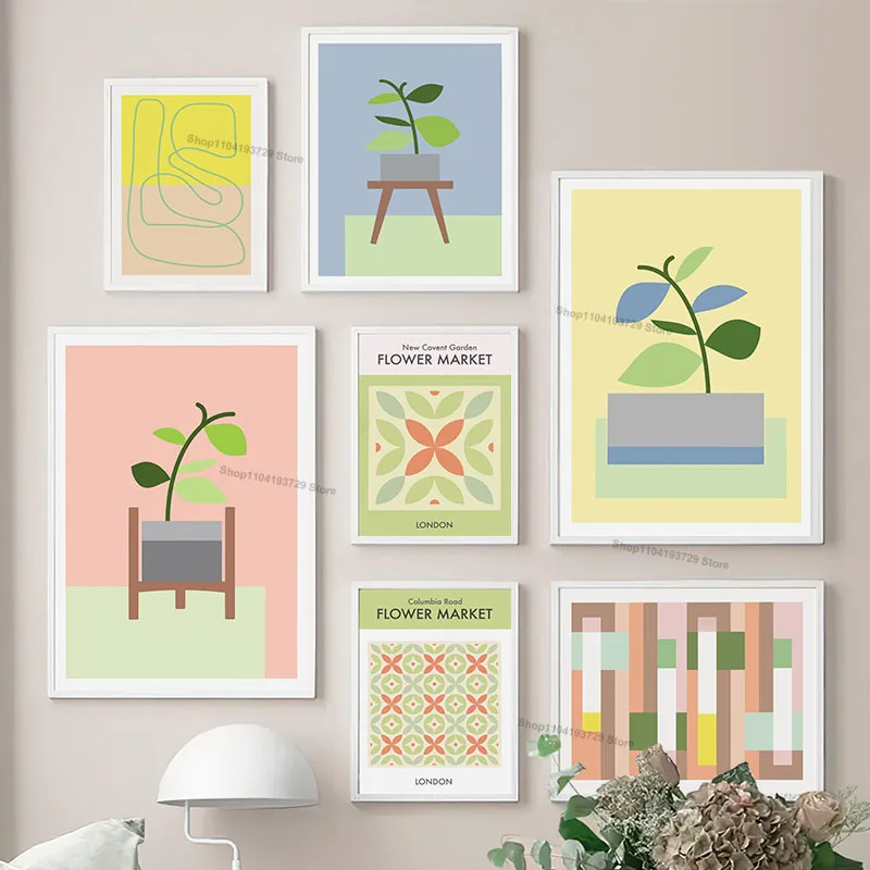 Nordic Art Floral Abstract Flower Market Plant Leaf Poster Geometry Wall Art Canvas Painting Prints For Living Room Home Decor