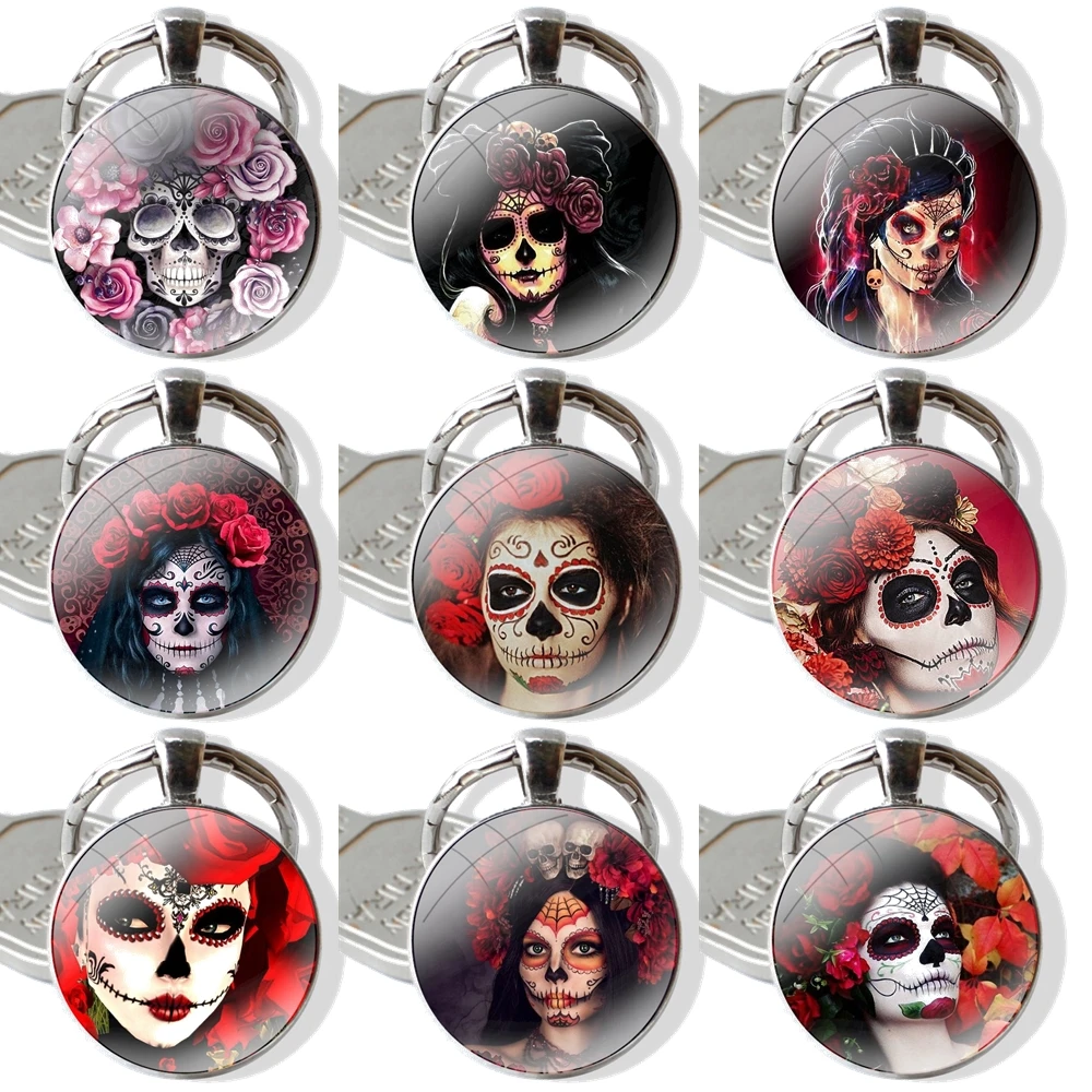 Keychain Handmade Glass Cabochon Key Ring Holder Pendant Key Chains Catrina beautiful rose girl Skull