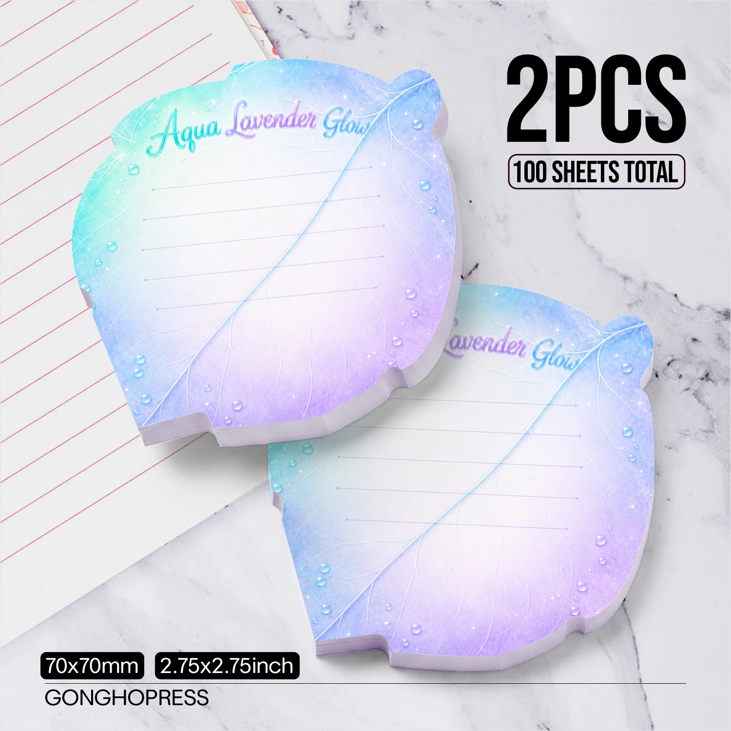 2PCS Aqua Lavender Glow Leaf Shaped Self Adhesive Sticky Notes 100 Sheets Blue Purple Gradient Water Drop Lined Memo Pads Writin