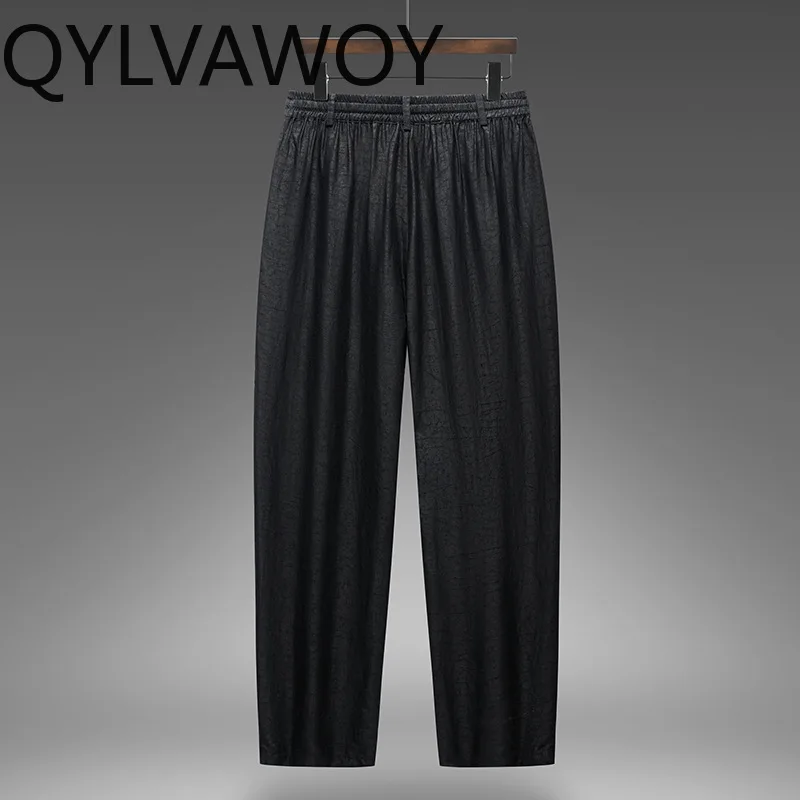 QYLVAWOY 100% Natural Mulberry Silk Pants for Man High-end Mens Pants Thin Capri Trousers Crackle Pattern Casual Chinese Style