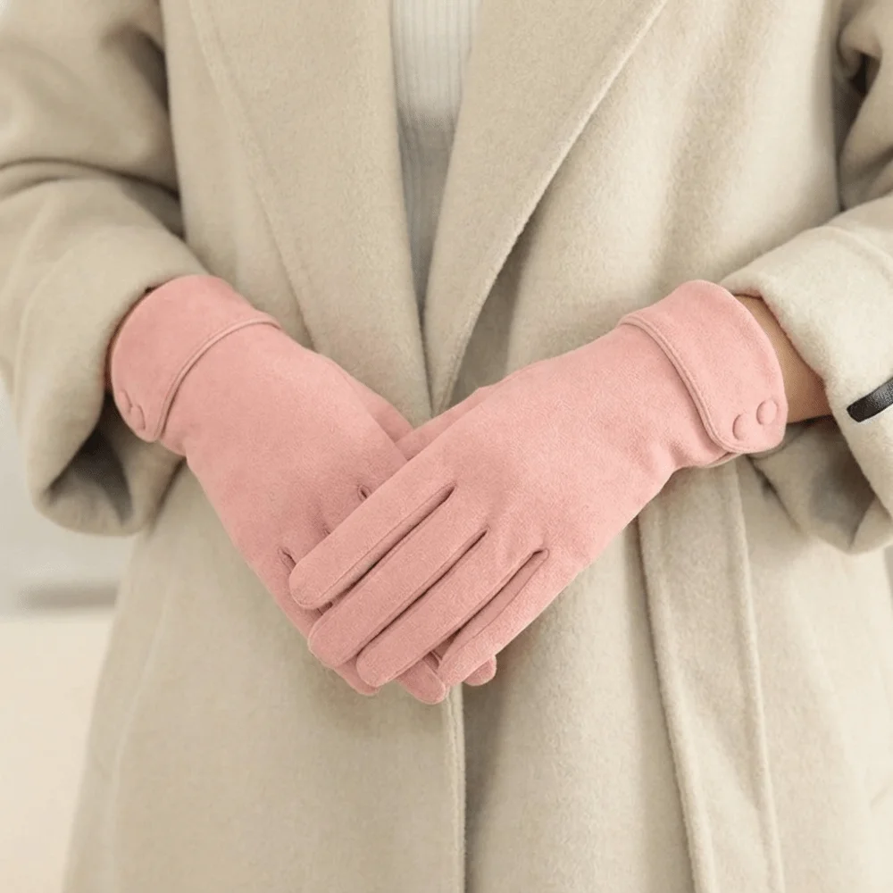 Fashion Button Winter Gloves Touchscreen Fleece Women Gloves Fleece-Lined Anti Cold Cycling Mittens Driving