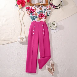 Girls Summer Casual Set 2024 New Fashion Children's Printed Top + Rose Red Long Pants 8-12 Years Cute Sweet Girls Outfit