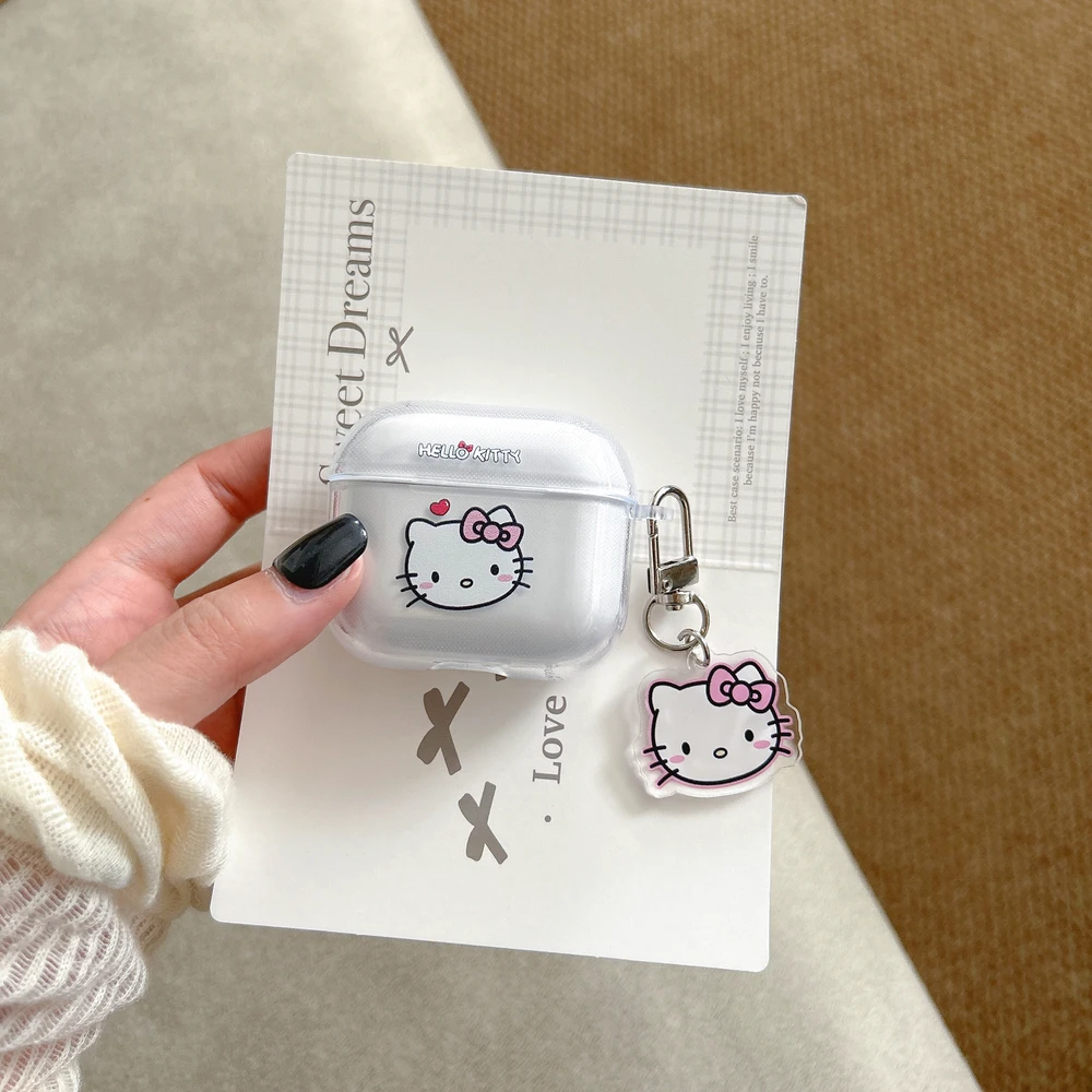 귀여운 산리오 헬로키티 이어폰 케이스 에어팟 4 2 3 1 프로 2 3 무선 블루투스 헤드셋 보호용 투명 커버 펜던트 포함
